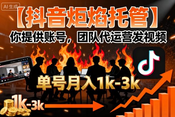 【抖音炬焰托管】你提供账号，团队代运营发视频，单号月入1k+【揭秘】-资源大汇总
