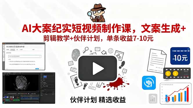 AI大案纪实短视频制作课，文案生成+剪辑教学+伙伴计划，单条收益7-10元-资源大汇总