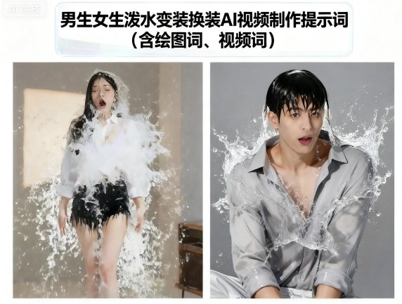 男生女生泼水变装换装AI视频制作提示词(含绘图词、视频词)-资源大汇总
