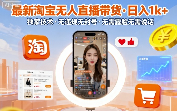 最新淘宝无人直播带货，日入1k+，独家技术，无违规无封号，无需露脸无需说话【揭秘】-资源大汇总