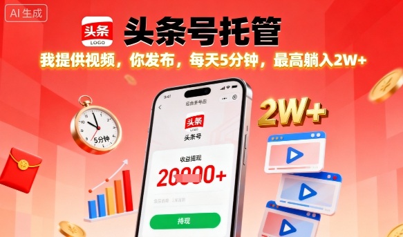 【头条号托管】我提供视频，你发布，每天5分钟，最高躺入2W+【揭秘】-资源大汇总