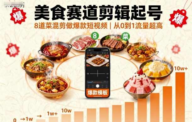 美食赛道剪辑起号，8道菜混剪做爆款短视频，从0到1，流量超高-资源大汇总