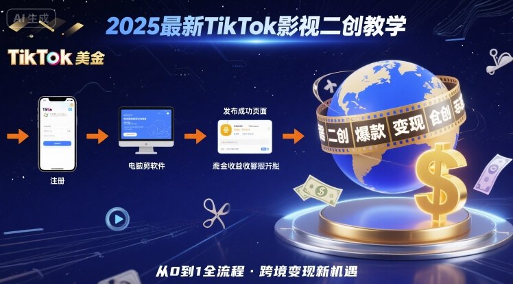 2025年最新TikTok影视二创教学，从注册到发布撸美金全流程，跨境变现新机遇-资源大汇总