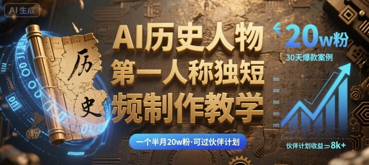 最新AI历史人物第一人称独白短视频制作教学，一个半月20w粉，可过伙伴计划-资源大汇总