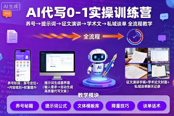 AI代写0-1实操训练营，从养号、提示词、征文演讲、学术文，到私域谈单的全流程教学-资源大汇总