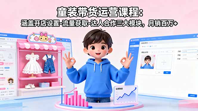 童装带货运营课程：涵盖开店设置-流量获取-达人合作三大模块，月销百万+-资源大汇总