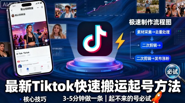 最新Tiktok快速搬运快速起号方法，3-5分钟做一条，起不来的号可以试试-资源大汇总