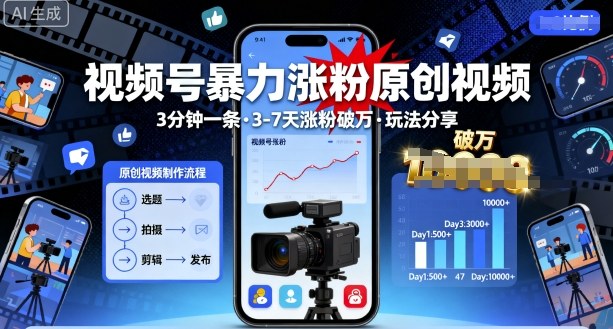 视频号暴力涨粉原创视频，3分钟一条原创视频，3-7天涨粉破万，玩法分享给你-资源大汇总