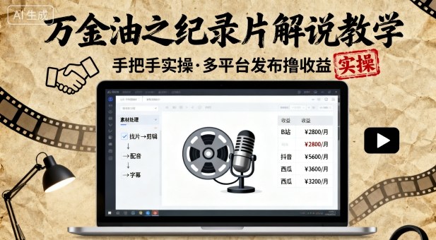 万金油之纪录片解说教学，手把手教你，完全实操，多平台发布撸收益-资源大汇总