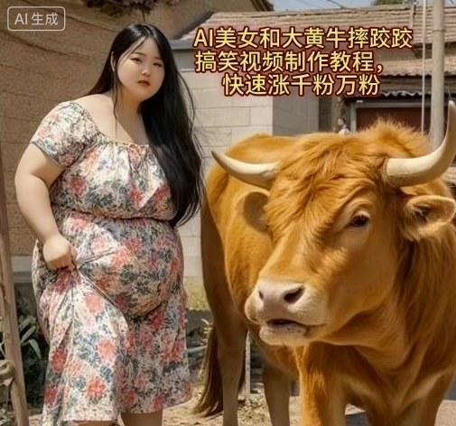AI美女和大黄牛摔跤搞笑荒诞视频制作教程，快速涨千粉万粉-资源大汇总