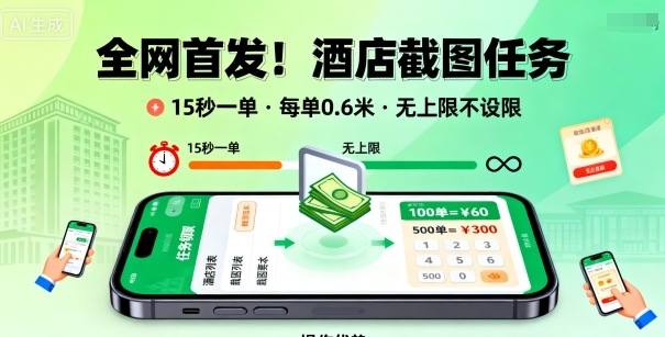 全网首发！酒店截图任务，15秒一单，每单0.6米，任务无上限不设限，矩阵操作单日3张到手【揭秘】-资源大汇总