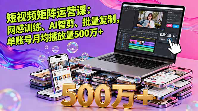 短视频矩阵运营课：网感训练、AI智剪、批量复制，单账号月均播放量500万+-资源大汇总