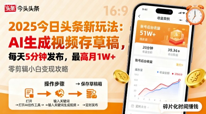 2025年今日头条躺賺新玩法，AI生成视频存草稿，每天5分钟发布，最高月1W+【揭秘】-资源大汇总