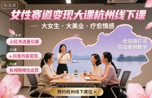 女性赛道变现大课杭州线下，大女生，大美业，疗愈情感，一套小红书、抖音、私域全链路打法-资源大汇总