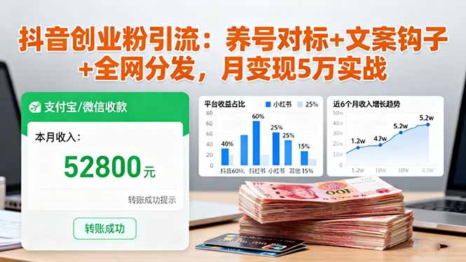 抖音创业粉引流：养号对标+文案钩子+全网分发，月变现5万实战-资源大汇总