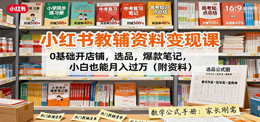 小红书教辅资料变现课：0基础开店铺，选品，爆款笔记，小白也能月入过万(附资料)-资源大汇总