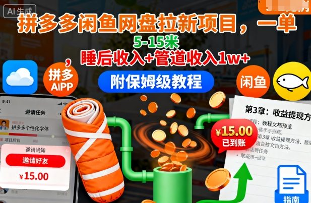 拼多多闲鱼网盘拉新项目，一单5-15米，睡后收入+管道收入1w+(附保姆级教程)-资源大汇总