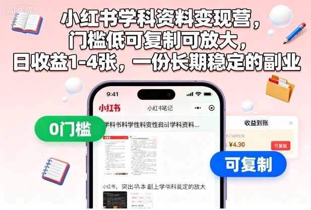 小红书学科资料变现营，门槛低可复制可放大，日收益1-4张，一份长期稳定的副业-资源大汇总