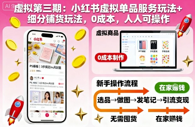 18a39d5599865a5d3995953aade2fe0c.jpeg 虚拟第三期:小红书虚拟单品服务玩法+细分铺货玩法,0成本,人人可操作